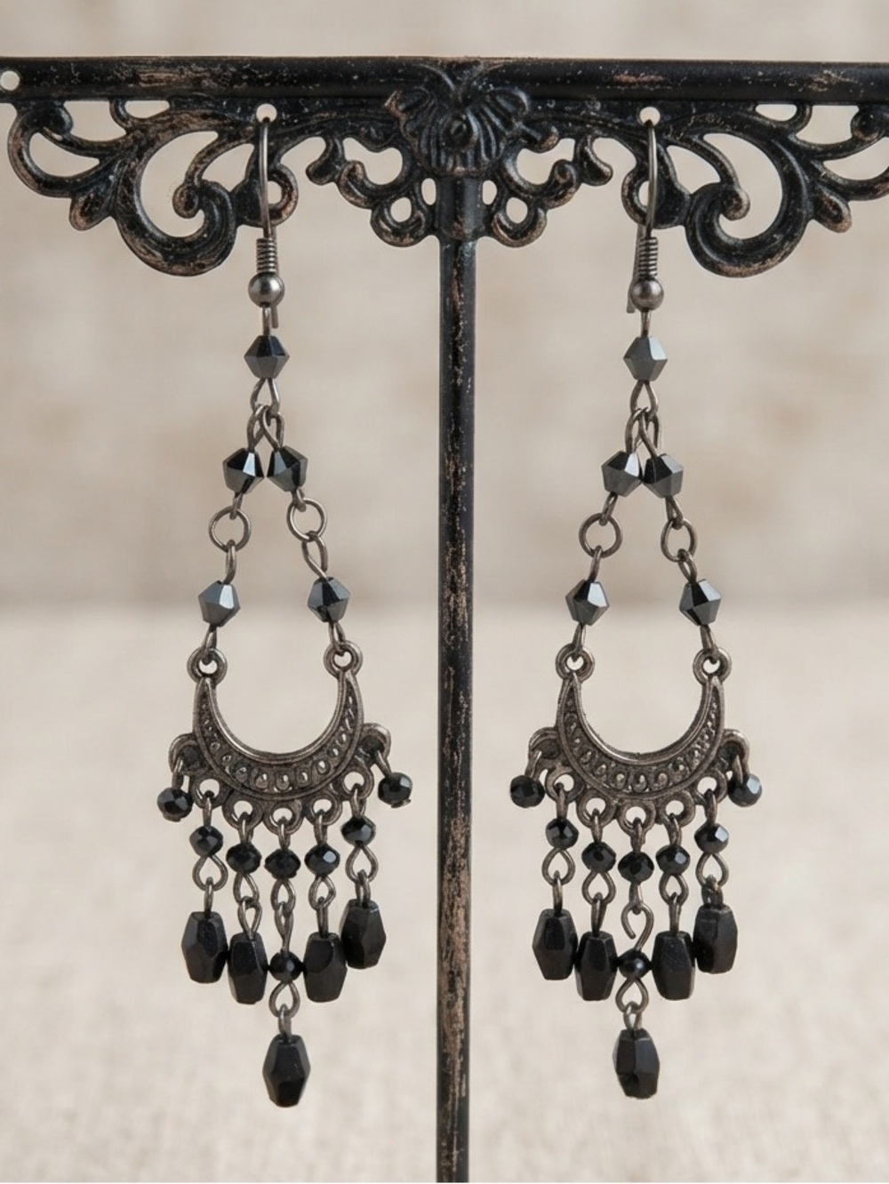Whimsigoth Black Beaded Chandelier Crescent Dangle Earrings Grunge Boho